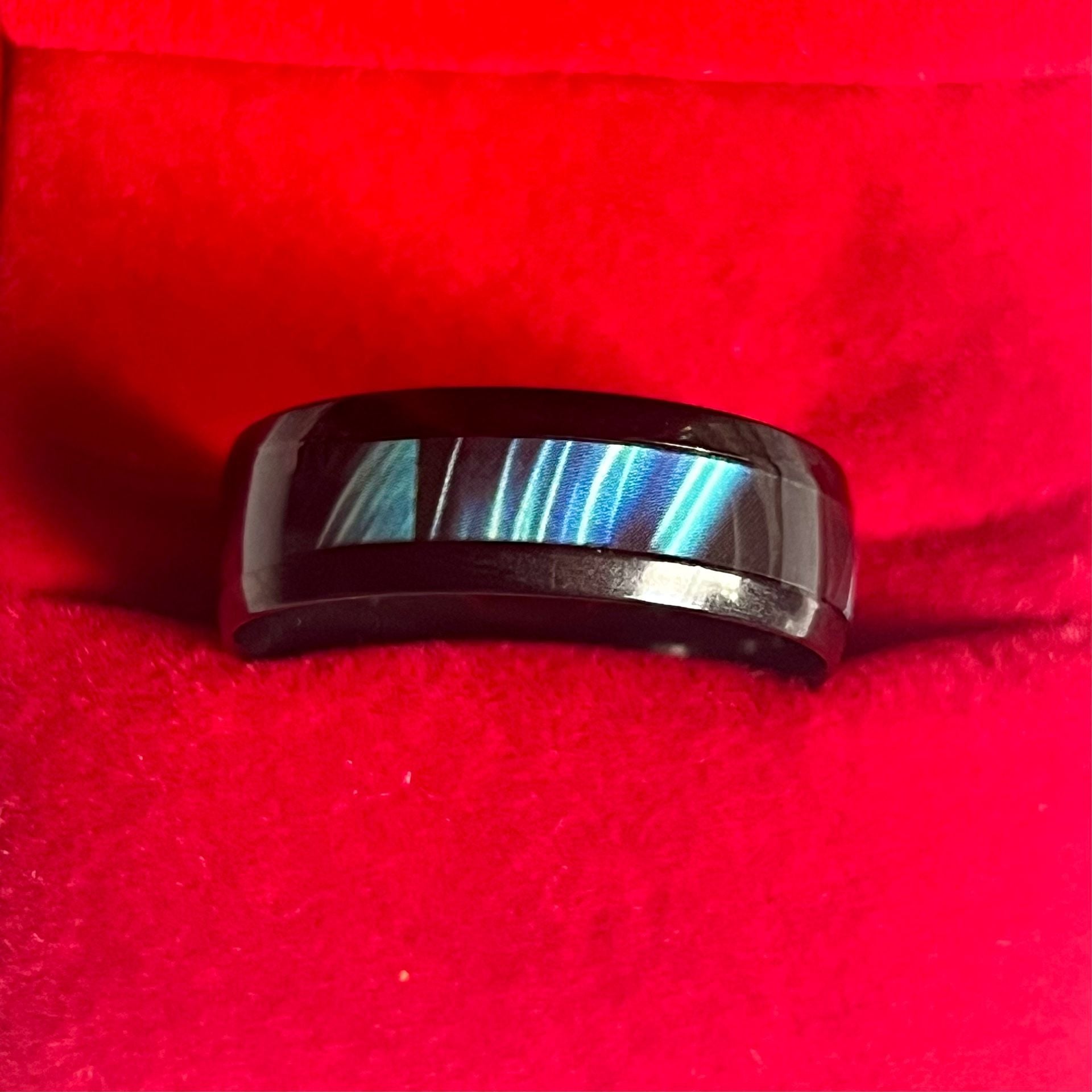 Tungsten Blue Abalone Shell Inlay Ring Black Brushed 6mm Band Size 13 3
