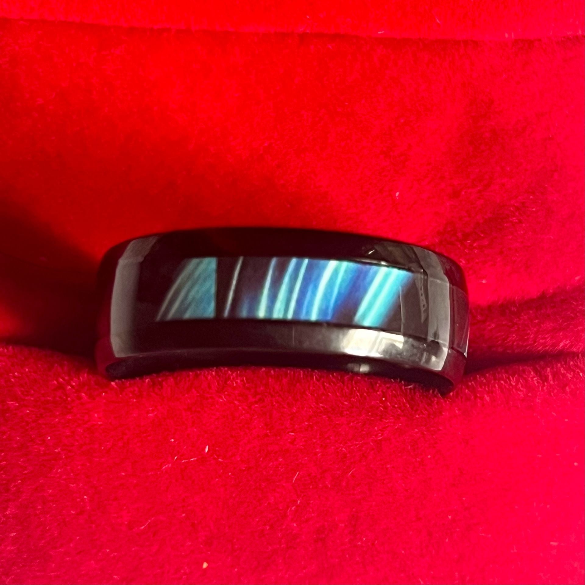 Tungsten Blue Abalone Shell Inlay Ring Black Brushed 6mm Band Size 13 4
