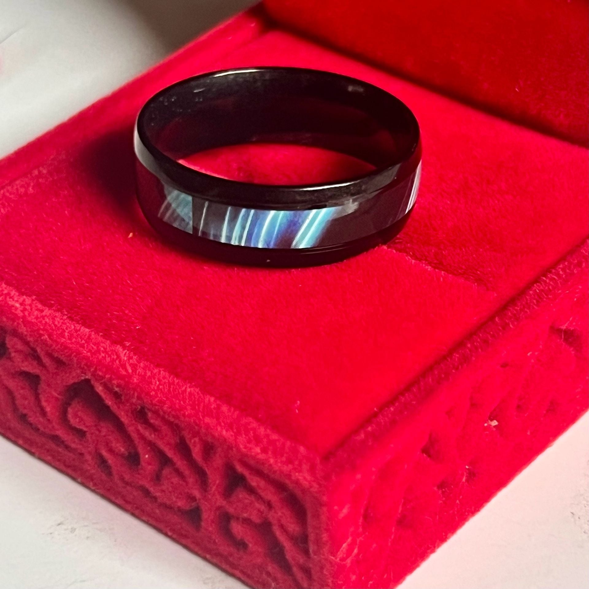 Tungsten Blue Abalone Shell Inlay Ring Black Brushed 6mm Band Size 13 6