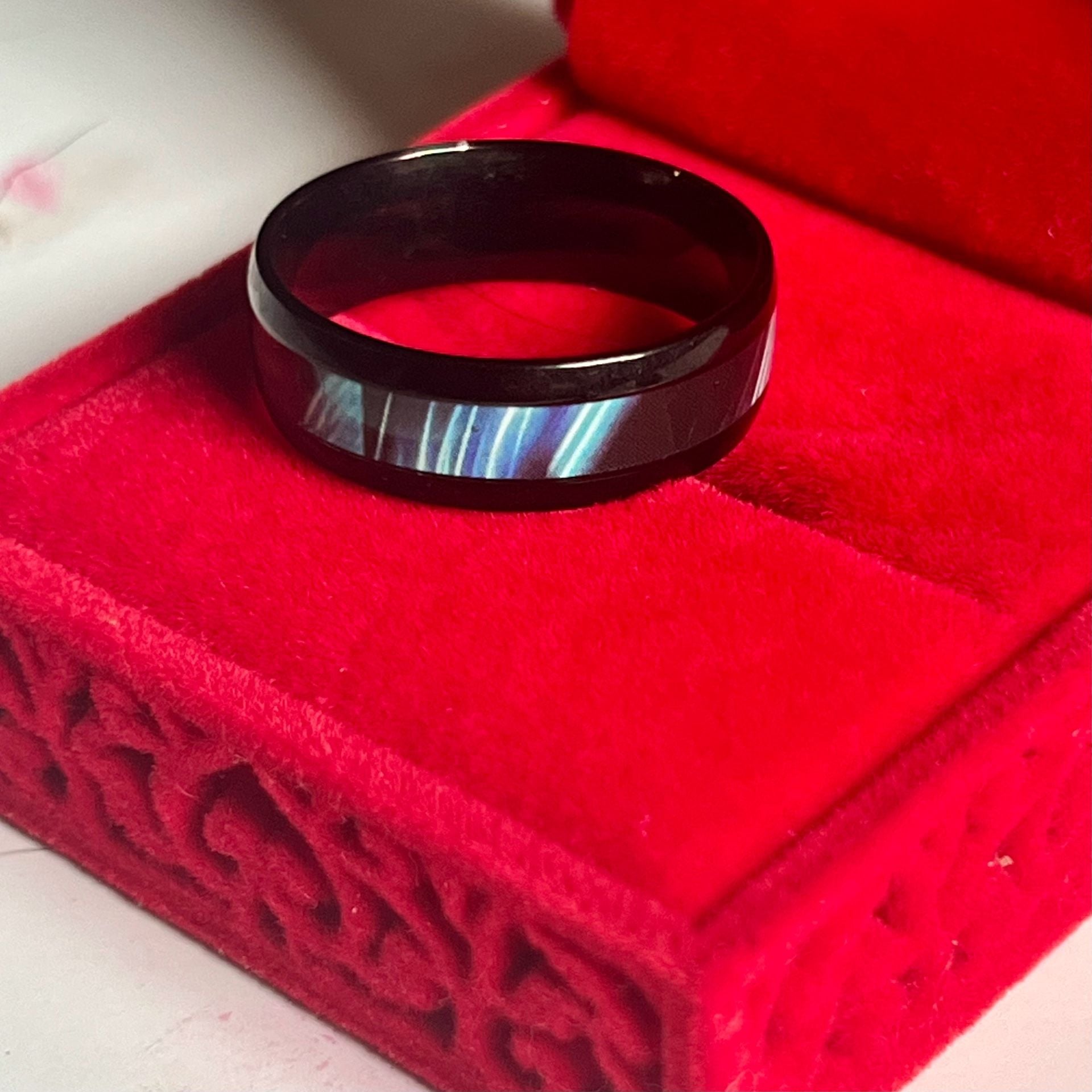 Tungsten Blue Abalone Shell Inlay Ring Black Brushed 6mm Band Size 13 7