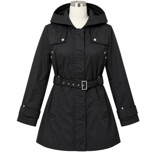 Platinum Utex Hooded Trench Coat Size M Black Belted Jacket