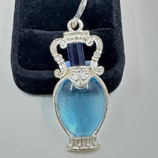 Blue Glass Perfume Bottle Pendant Charm Ornate Silver-Tone Filigree