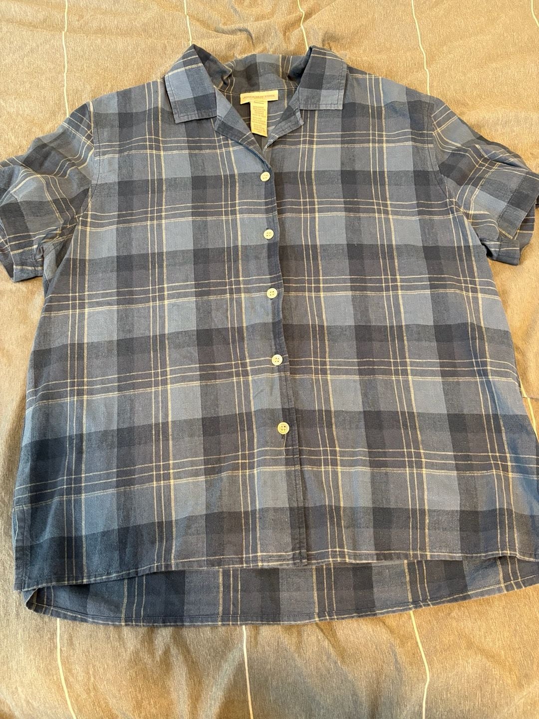 Jones New York Sport Plaid Camp Shirt Size M Blue Linen Blend Short Sleeve 2