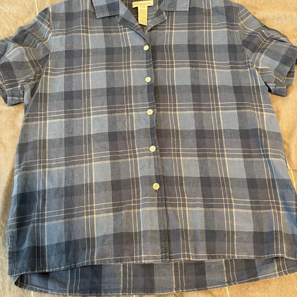 Jones New York Sport Plaid Camp Shirt Size M Blue Linen Blend Short Sleeve
