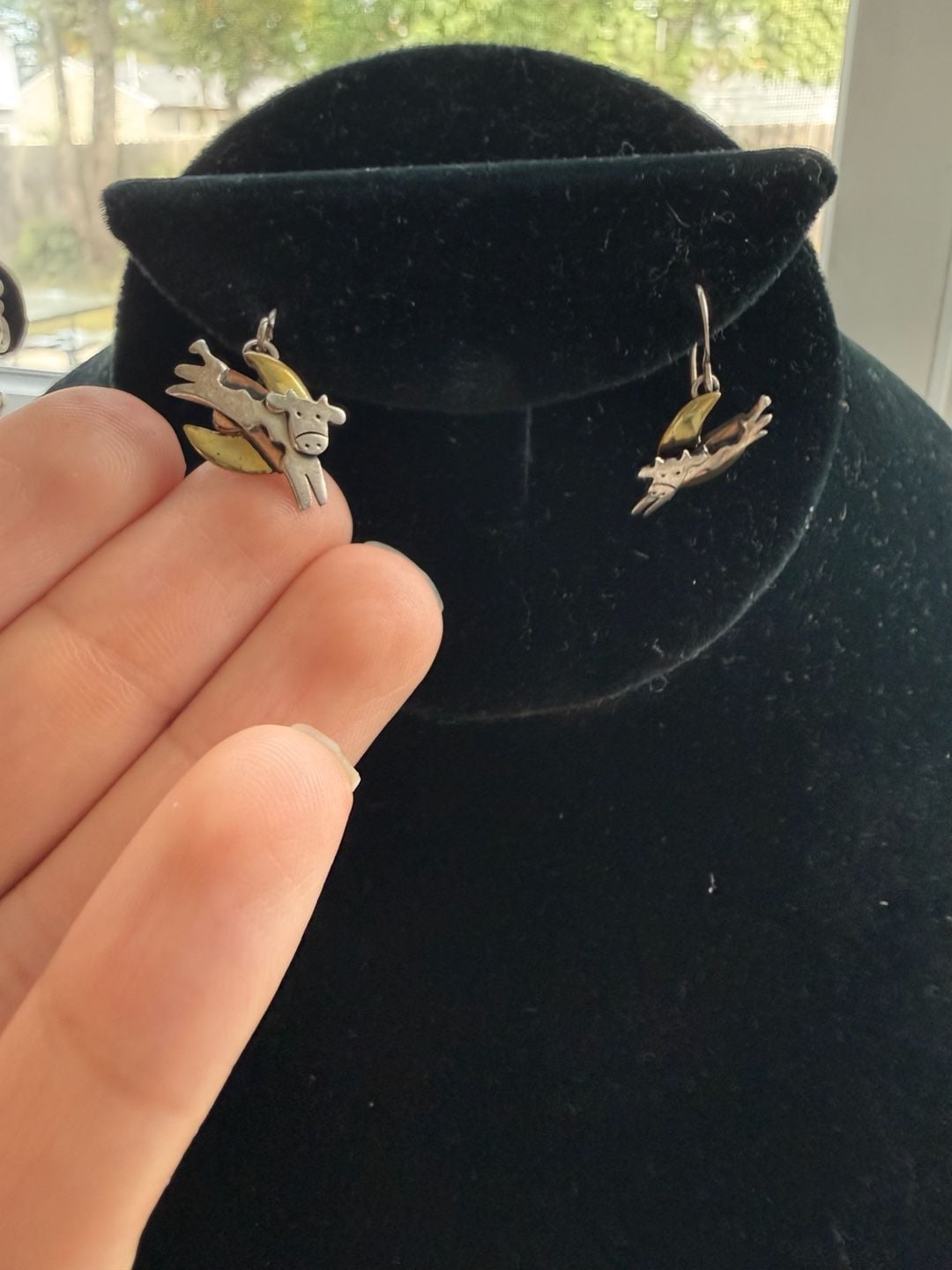 FARO Cow Jumping Over The Moon Sterling Silver Brass Earrings 3