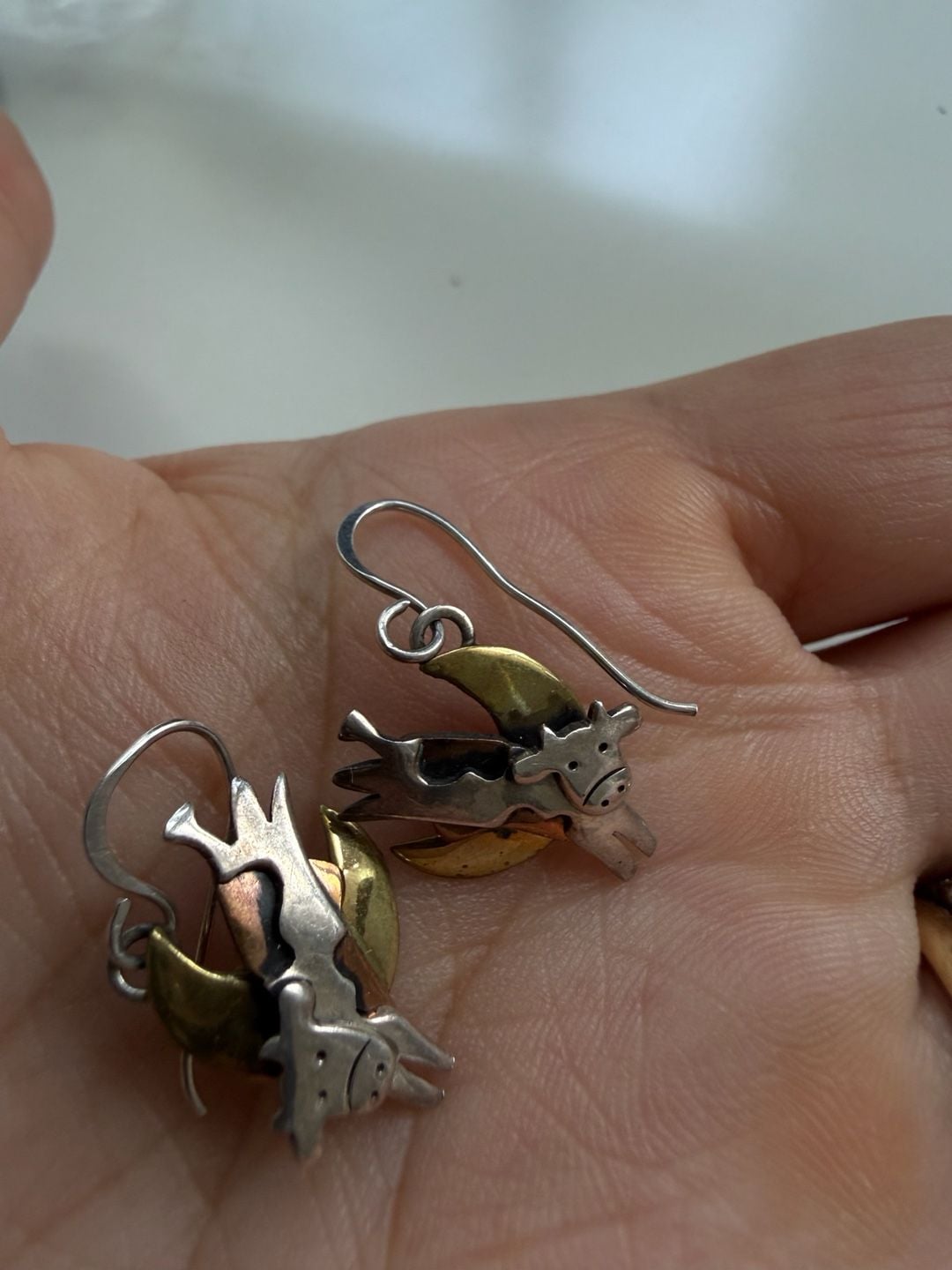 FARO Cow Jumping Over The Moon Sterling Silver Brass Earrings 5