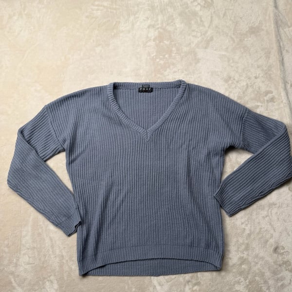 Poof New York V-Neck Sweater Size M Blue Ribbed Knit Cotton Blend