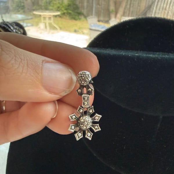 Sterling Silver Marcasite Star Drop Earrings Vintage
