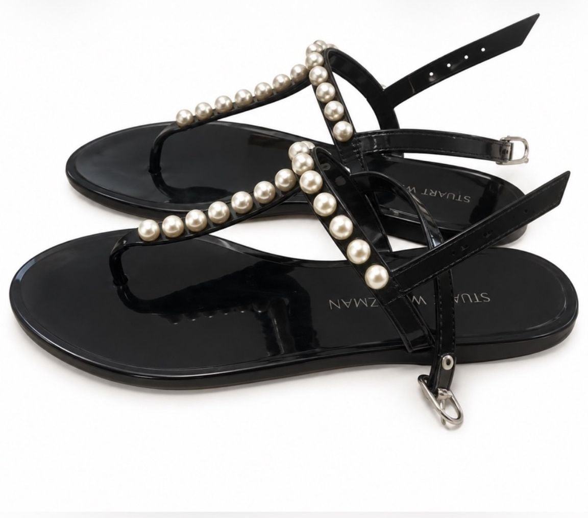 Stuart Weitzman Goldie Pearl Jelly Sandals Black T-Strap Flats Size 9 11