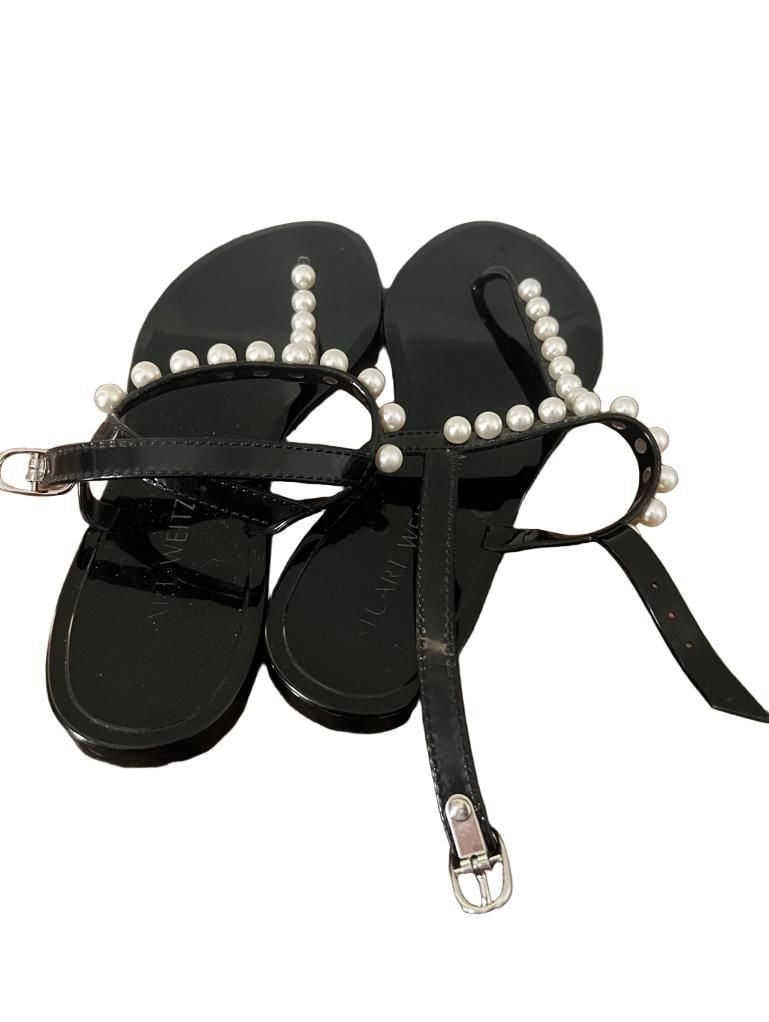 Stuart Weitzman Goldie Pearl Jelly Sandals Black T-Strap Flats Size 9 8