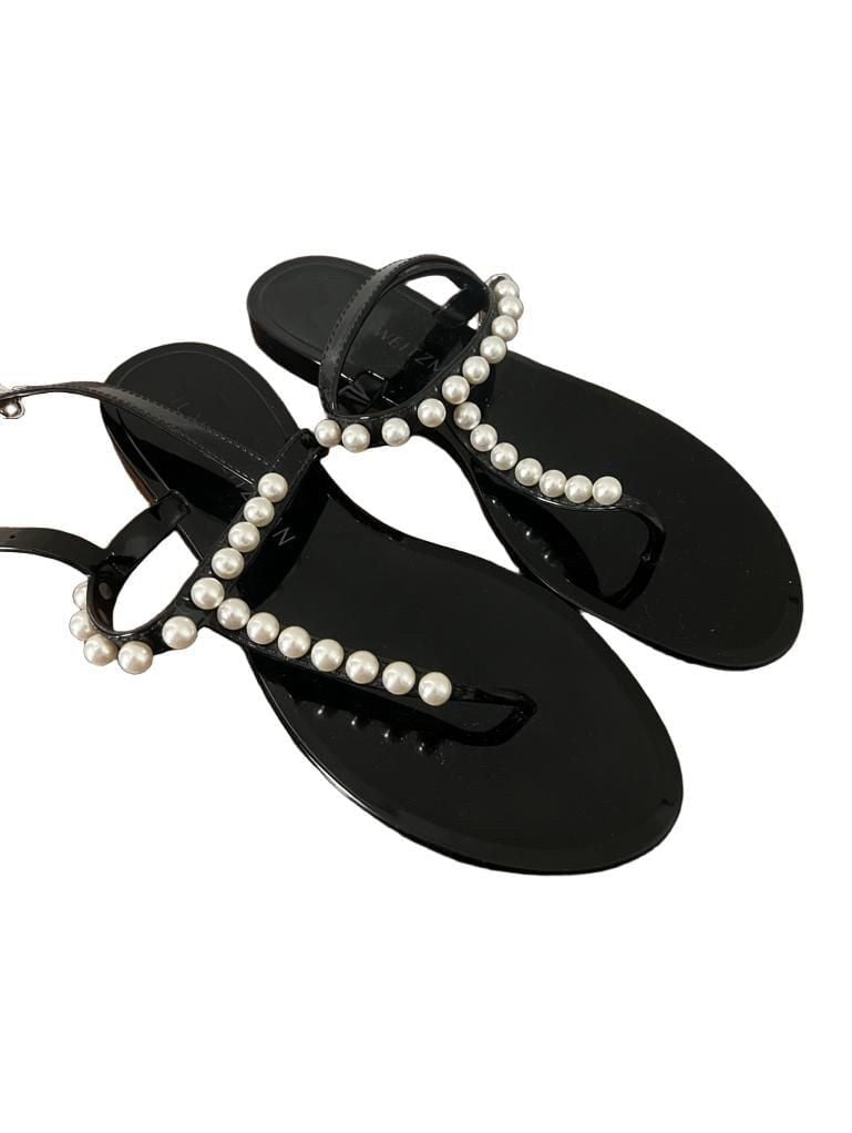 Stuart Weitzman Goldie Pearl Jelly Sandals Black T-Strap Flats Size 9 9
