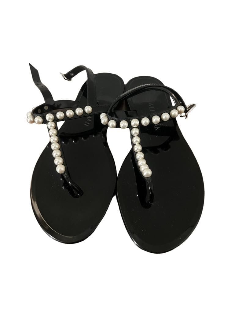 Stuart Weitzman Goldie Pearl Jelly Sandals Black T-Strap Flats Size 9 10
