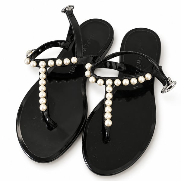 Stuart Weitzman Goldie Pearl Jelly Sandals Black T-Strap Flats Size 9