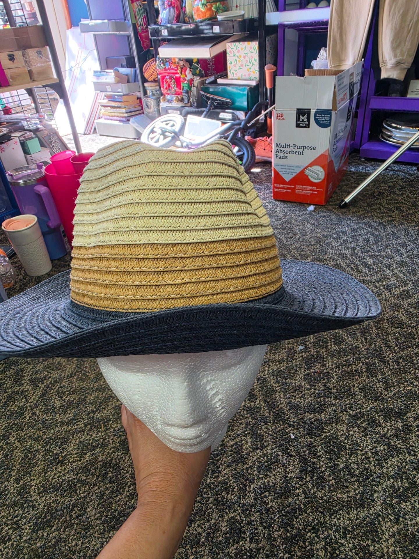 Time And Tru Straw Fedora Hat One Size Color Block 2