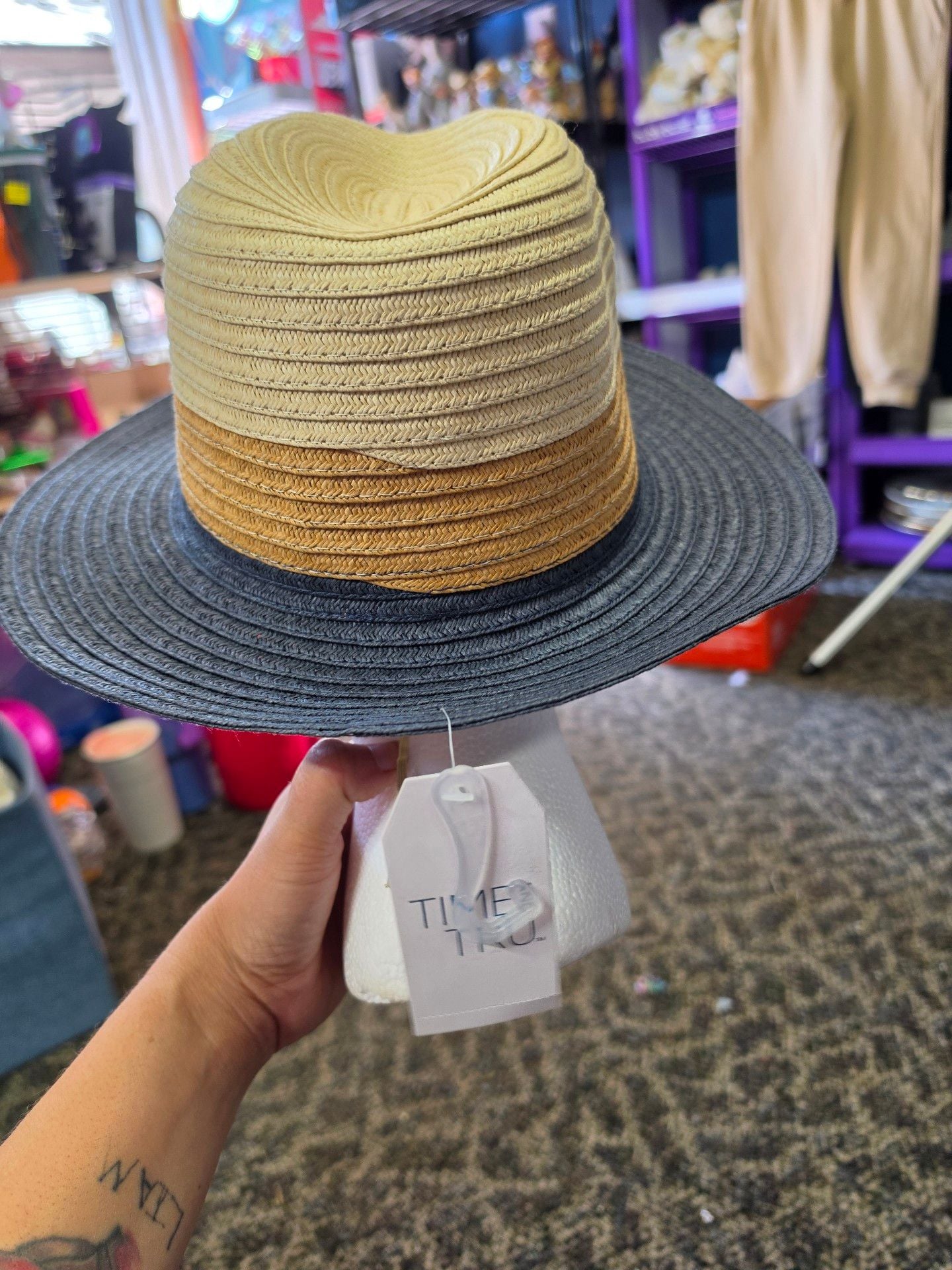 Time And Tru Straw Fedora Hat One Size Color Block 3