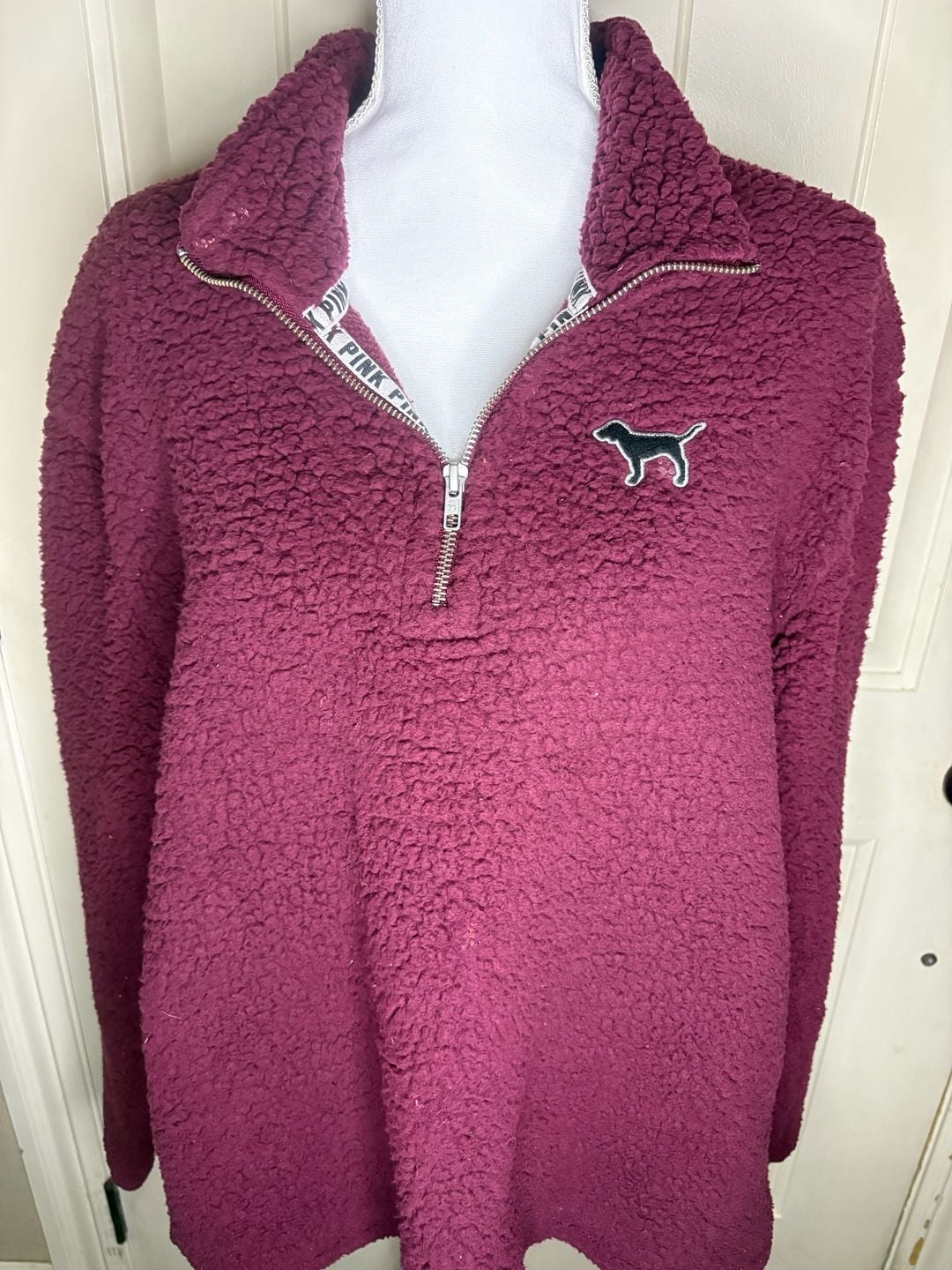 Victoria's Secret Pink Sherpa Pullover CHI Size L Burgundy Sequin 3