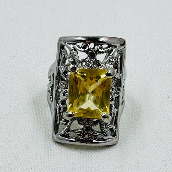 Yellow Citrine-Color Filigree Statement Ring, Ornate Silver-Tone Cocktail Ring