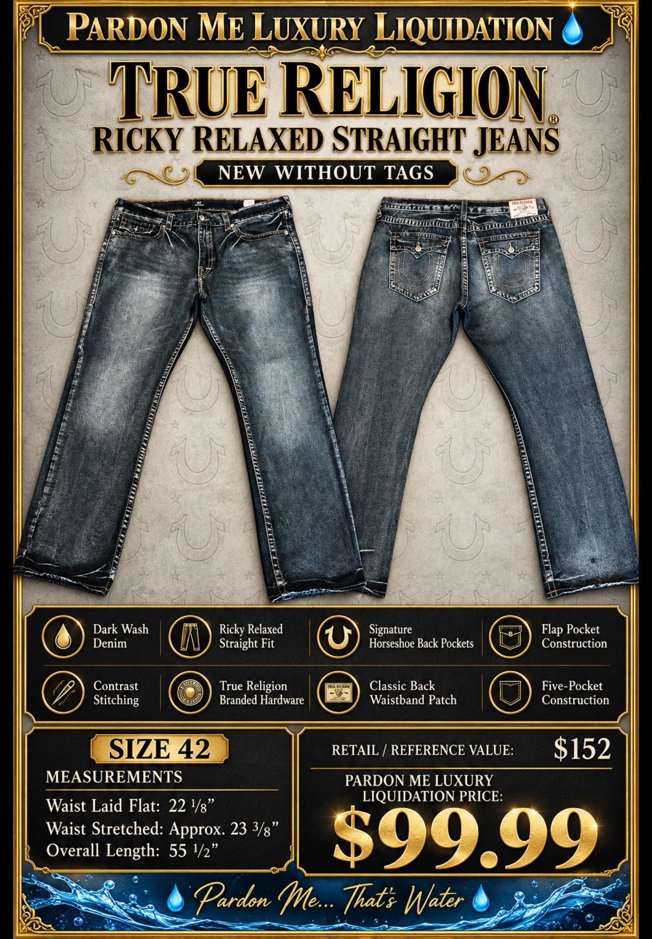 True Religion Ricky Relaxed Straight Dark Wash Denim Jeans 2