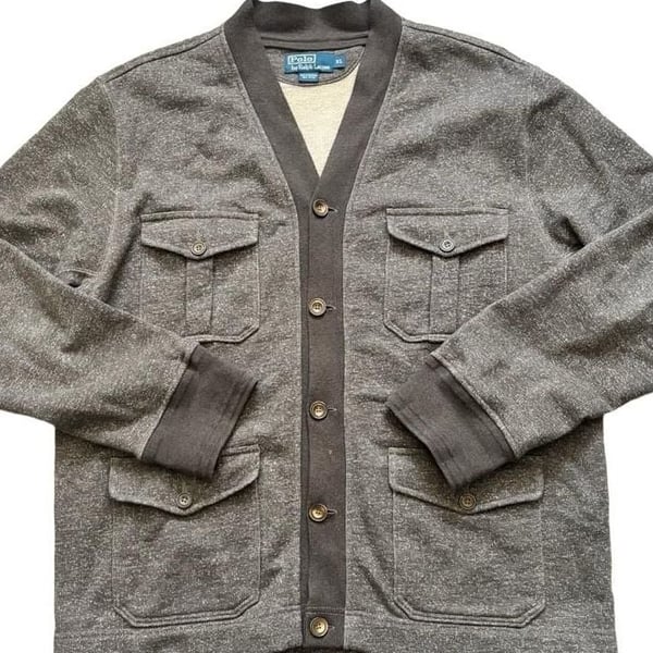 Vintage Polo Ralph Lauren Brown Marled French Terry cardigan XL 4 Pocket