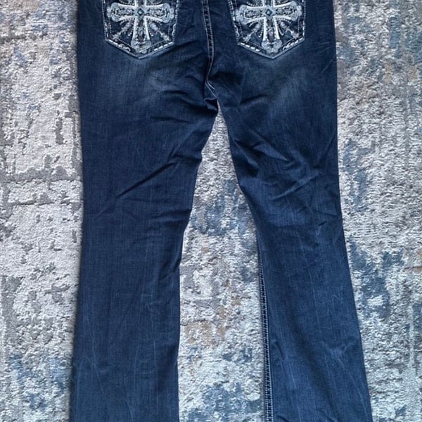 Grace in LA Easy Fit Jeans Size 32 Embroidered Cross Bootcut Dark Wash