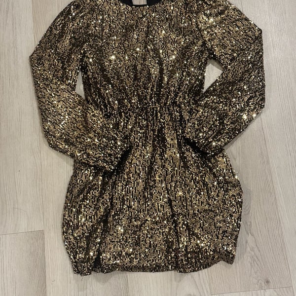 Kids Girl Sequin Dress Size 11-12 Gold Long Sleeve Mini