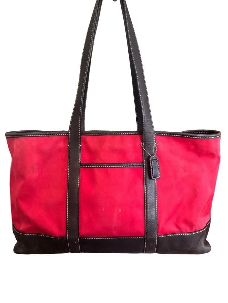 Coach 6184 Red Canvas Leather Trim Tote Bag 2