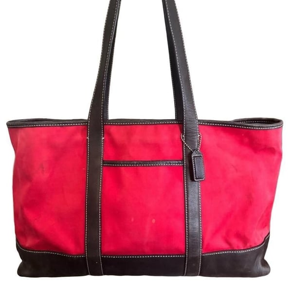 Coach 6184 Red Canvas Leather Trim Tote Bag