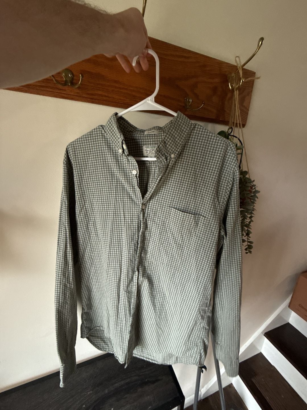 Vintage π J. Crew Fall Style Gingham Shirt Size M Green Stretch 7