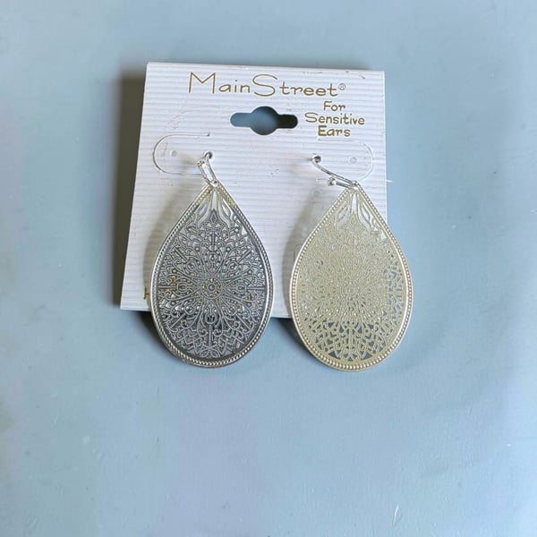 Main Street Filigree Teardrop Dangle Earrings Silver