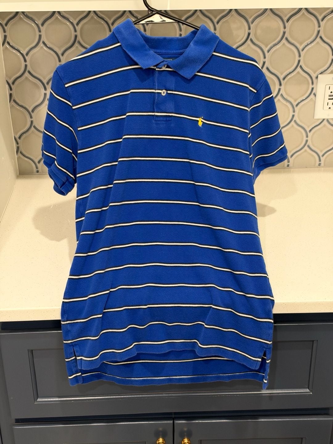 Polo Ralph Lauren Striped Polo Shirt Boys XL(20) Blue White Black Short Sleeve 2