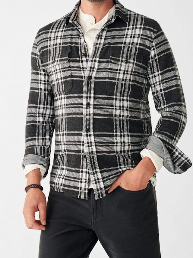 Faherty Men’s Legend Sweater Shirt Size L Charcoal Bone Plaid Flannel 2