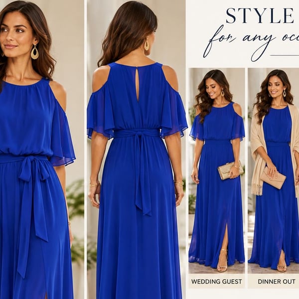 Calvin Klein Cold Shoulder Maxi Dress Size 4P Royal Blue Chiffon