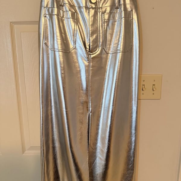 By Anthropologie Faux Leather Maxi Skirt Size M Silver Metallic