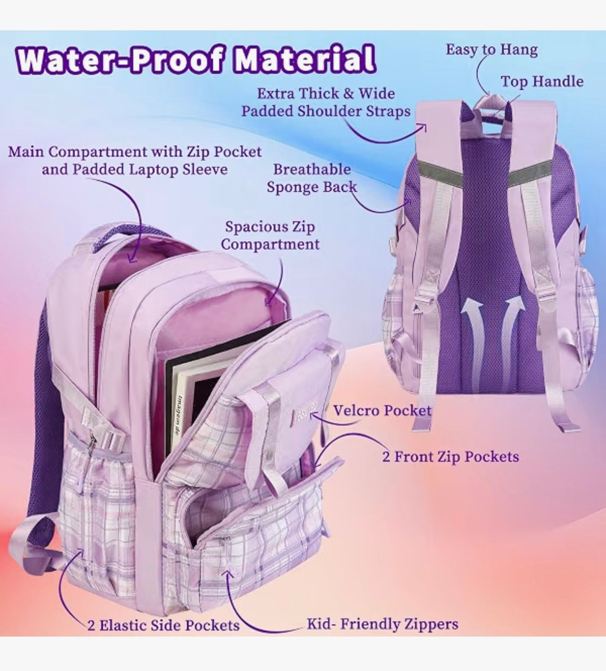 Bblybd 17" School Backpack Set Size 17 Inch Purple Plaid 8