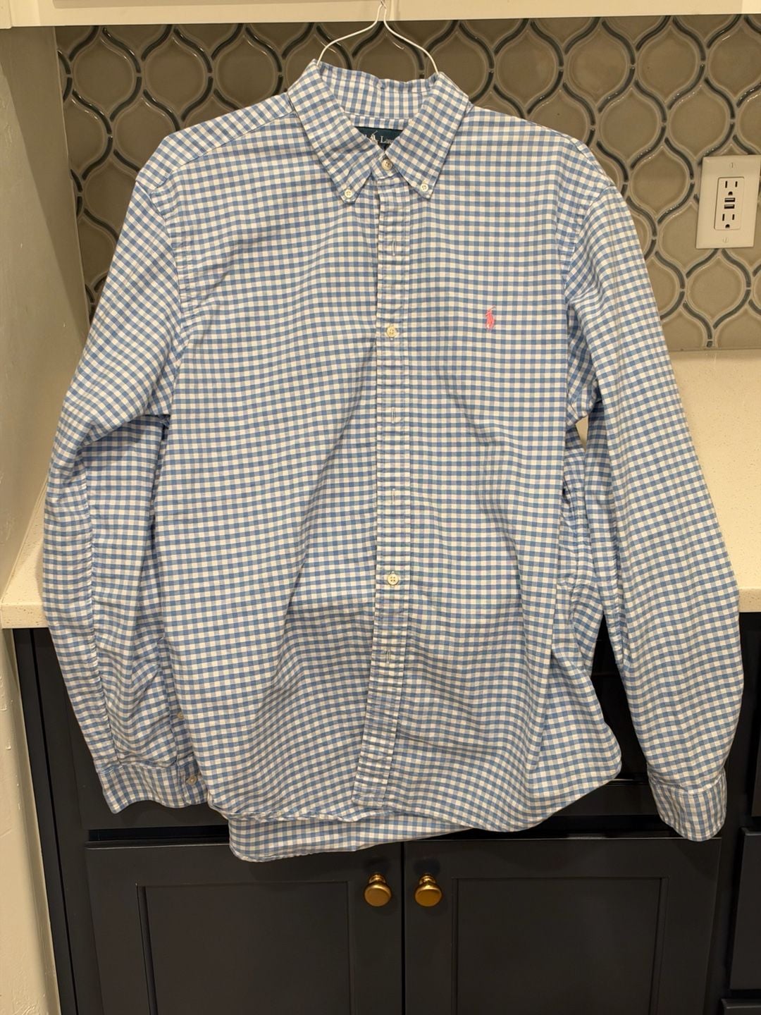 Ralph Lauren Custom Fit Oxford Shirt XL TG Blue White Gingham Plaid Button Down 2