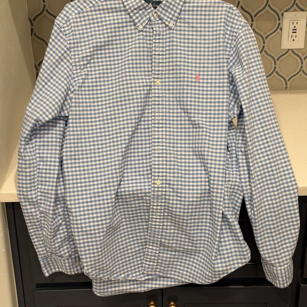 Ralph Lauren Custom Fit Oxford Shirt XL TG Blue White Gingham Plaid Button Down