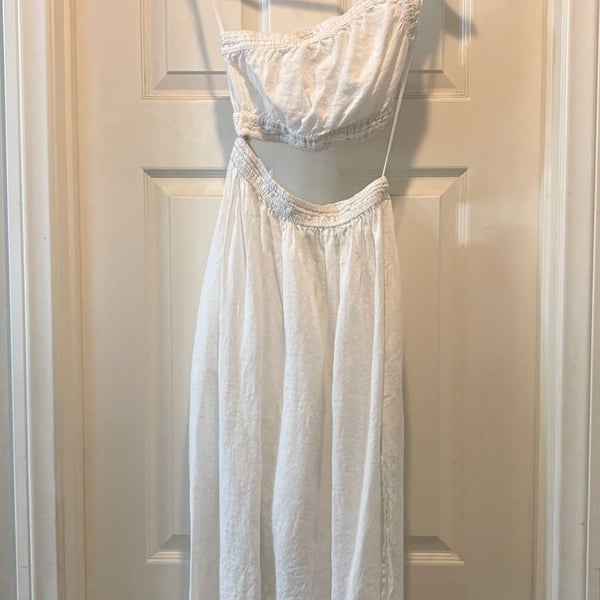 Vitamin A Midi Dress Size XS White Linen Cutout One Shoulder