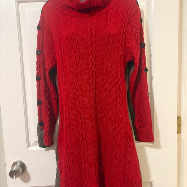 Reborn Cable Knit Turtleneck Sweater Dress Size M Red Grey Button Sleeve