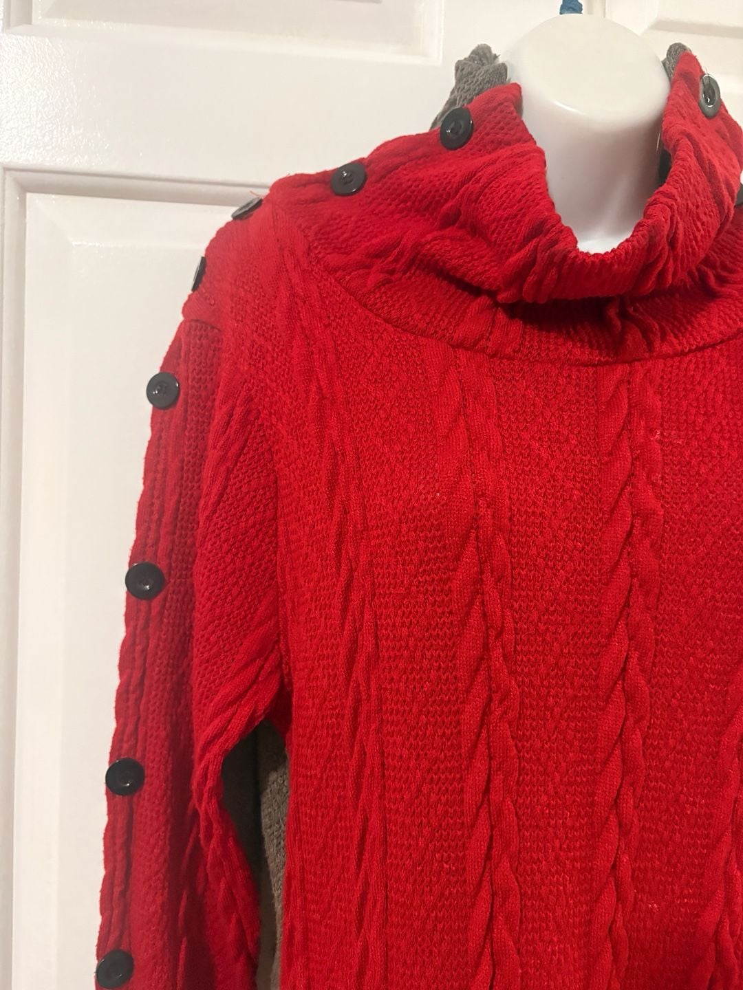 Reborn Cable Knit Turtleneck Sweater Dress Size M Red Grey Button Sleeve 3