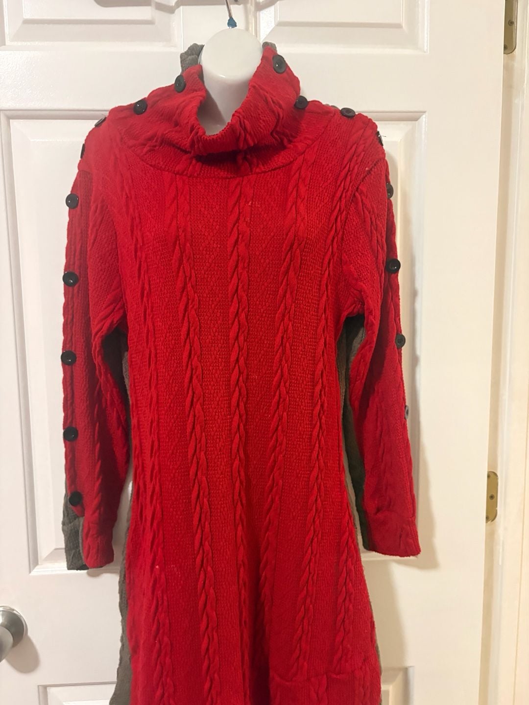 Reborn Cable Knit Turtleneck Sweater Dress Size M Red Grey Button Sleeve 4