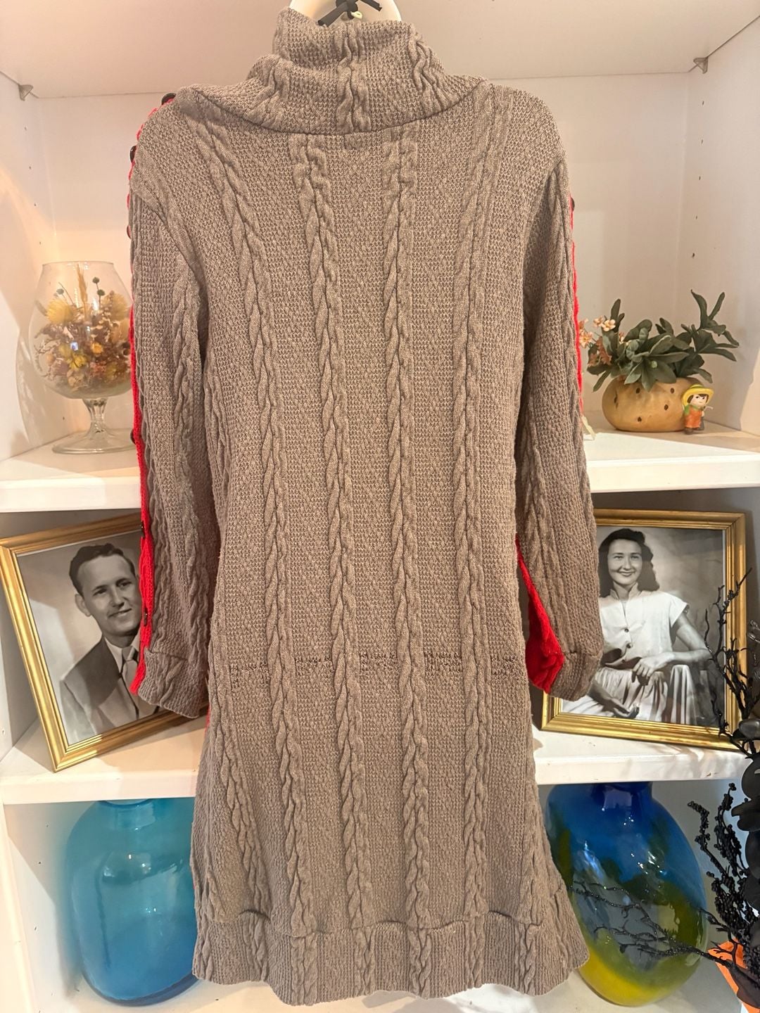 Reborn Cable Knit Turtleneck Sweater Dress Size M Red Grey Button Sleeve 6