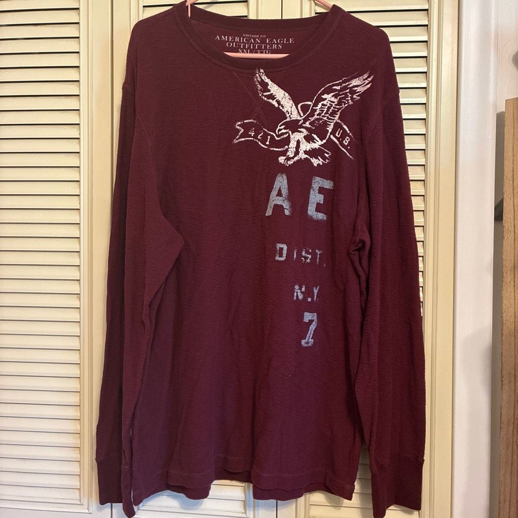 American Eagle Outfitters Long Sleeve Waffle Knit Shirt Size XXL Burgundy 2