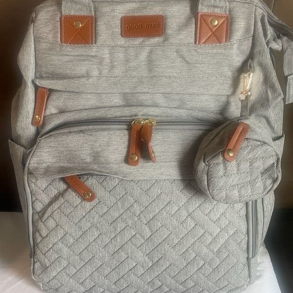 Good Mum Diaper Backpack Gray Quilted Travel Bag