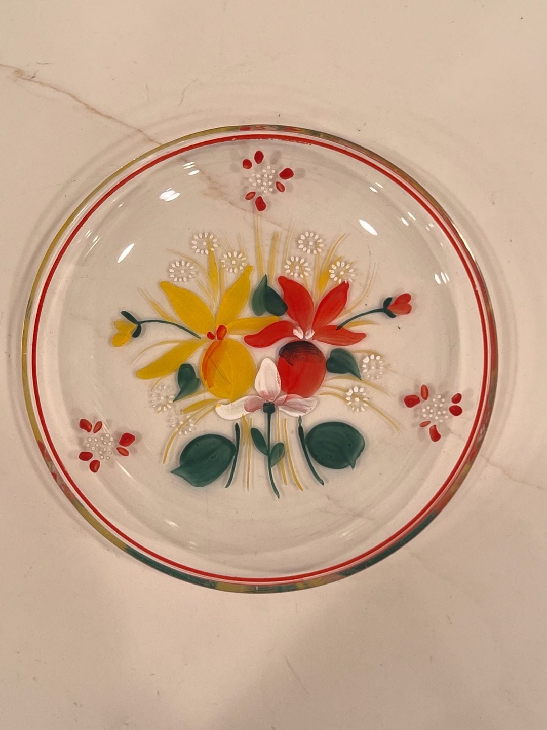 Vintage Hand Painted Glass Floral Plate Clear Red Trim 1
