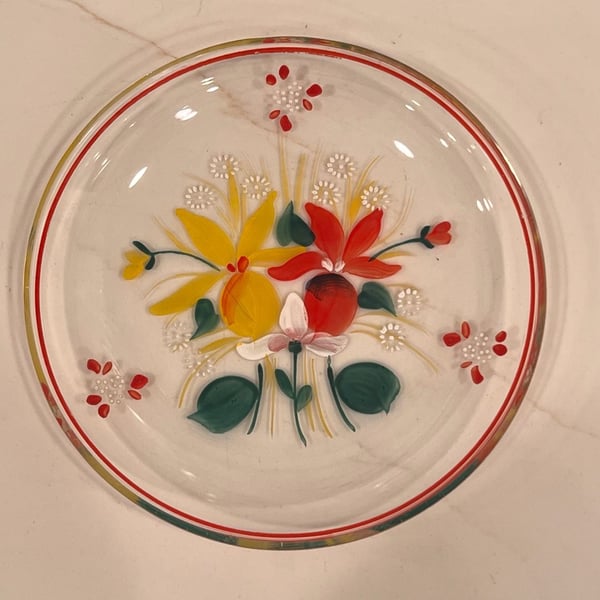 Vintage Hand Painted Glass Floral Plate Clear Red Trim