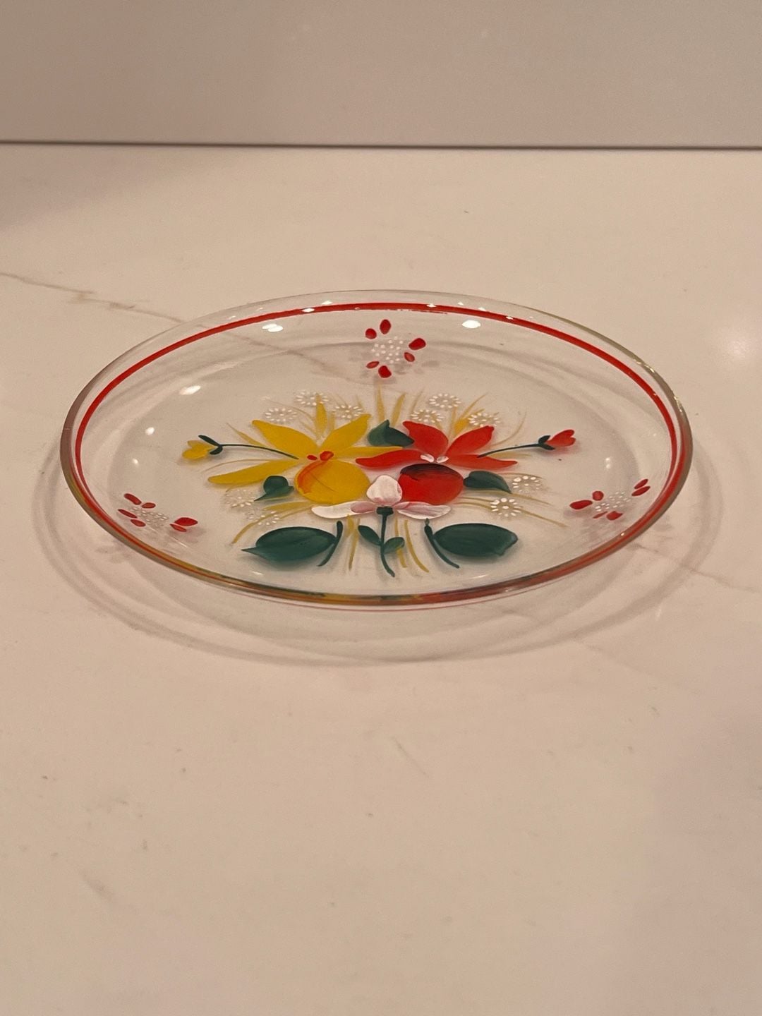 Vintage Hand Painted Glass Floral Plate Clear Red Trim 2