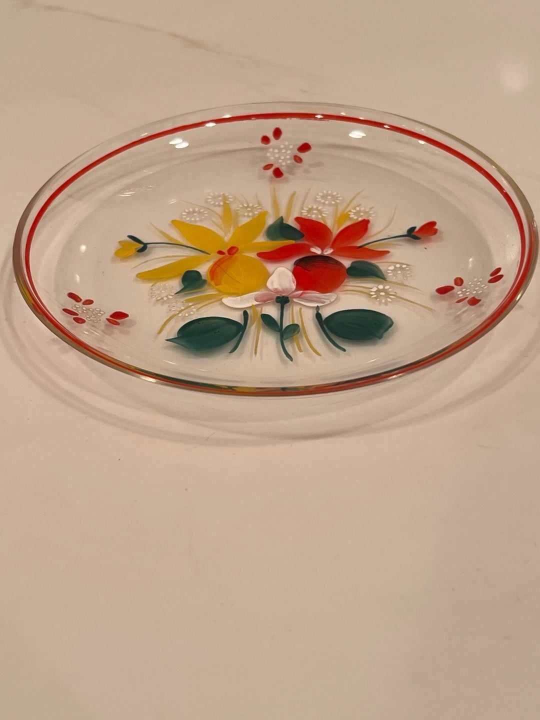 Vintage Hand Painted Glass Floral Plate Clear Red Trim 3