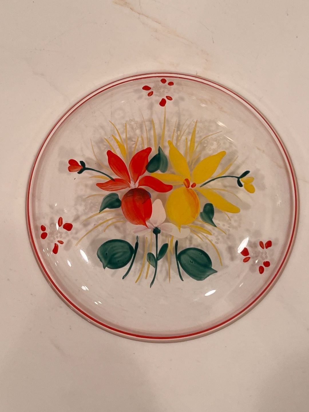 Vintage Hand Painted Glass Floral Plate Clear Red Trim 4