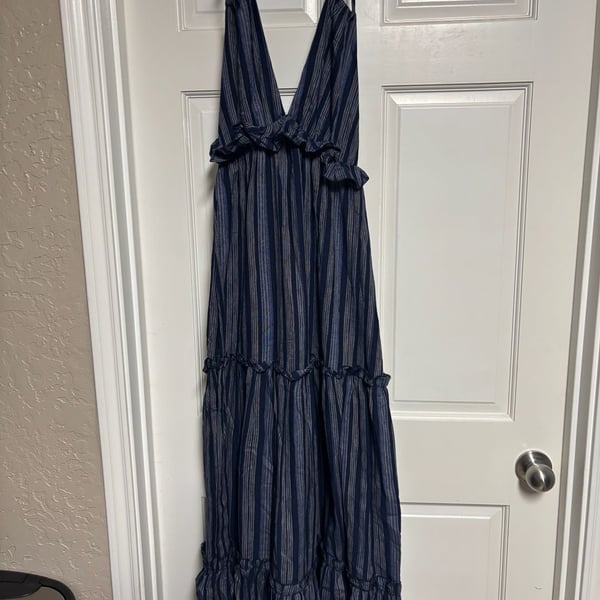 Lulus Vacay Babe Navy Blue Striped Halter Maxi Dress