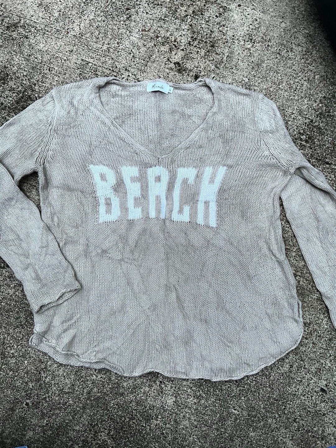 Z- Miracle Beach Knit Sweater Size L Beige V-Neck Long Sleeve 2